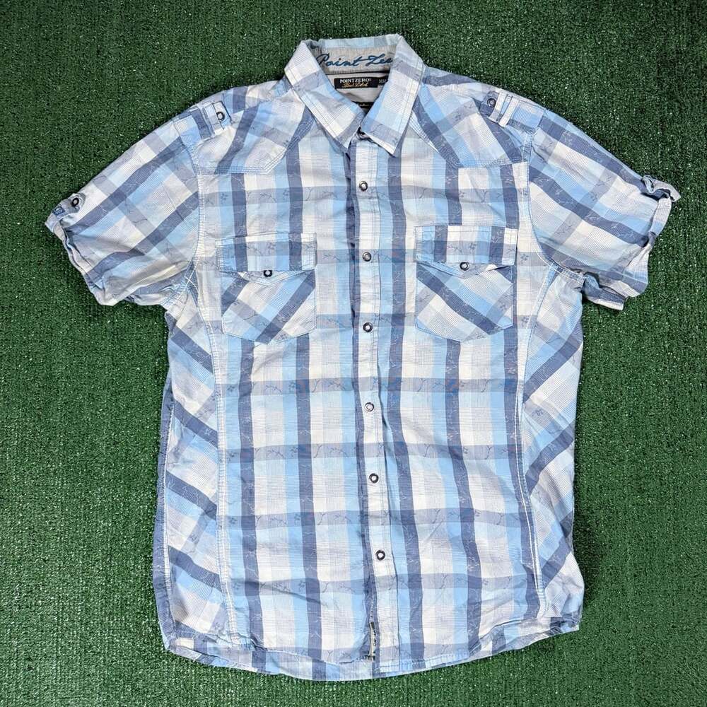 Y2K Mens Point Zero Blue Plaid Short Sleeve Western Shirt Size Medium